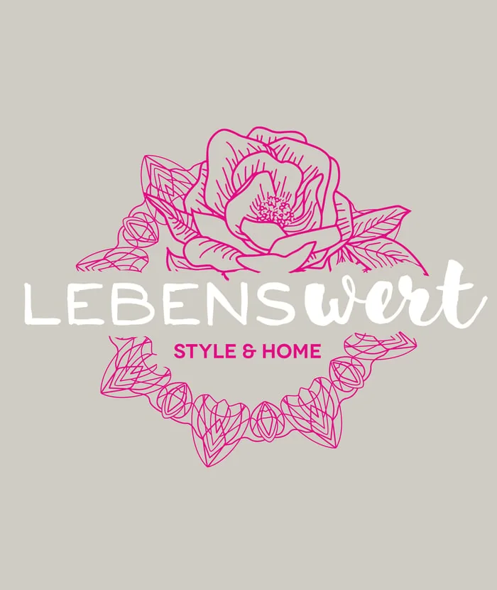 Logo Lebenswert Style & Home mit gezeichneter Rose in Magenta