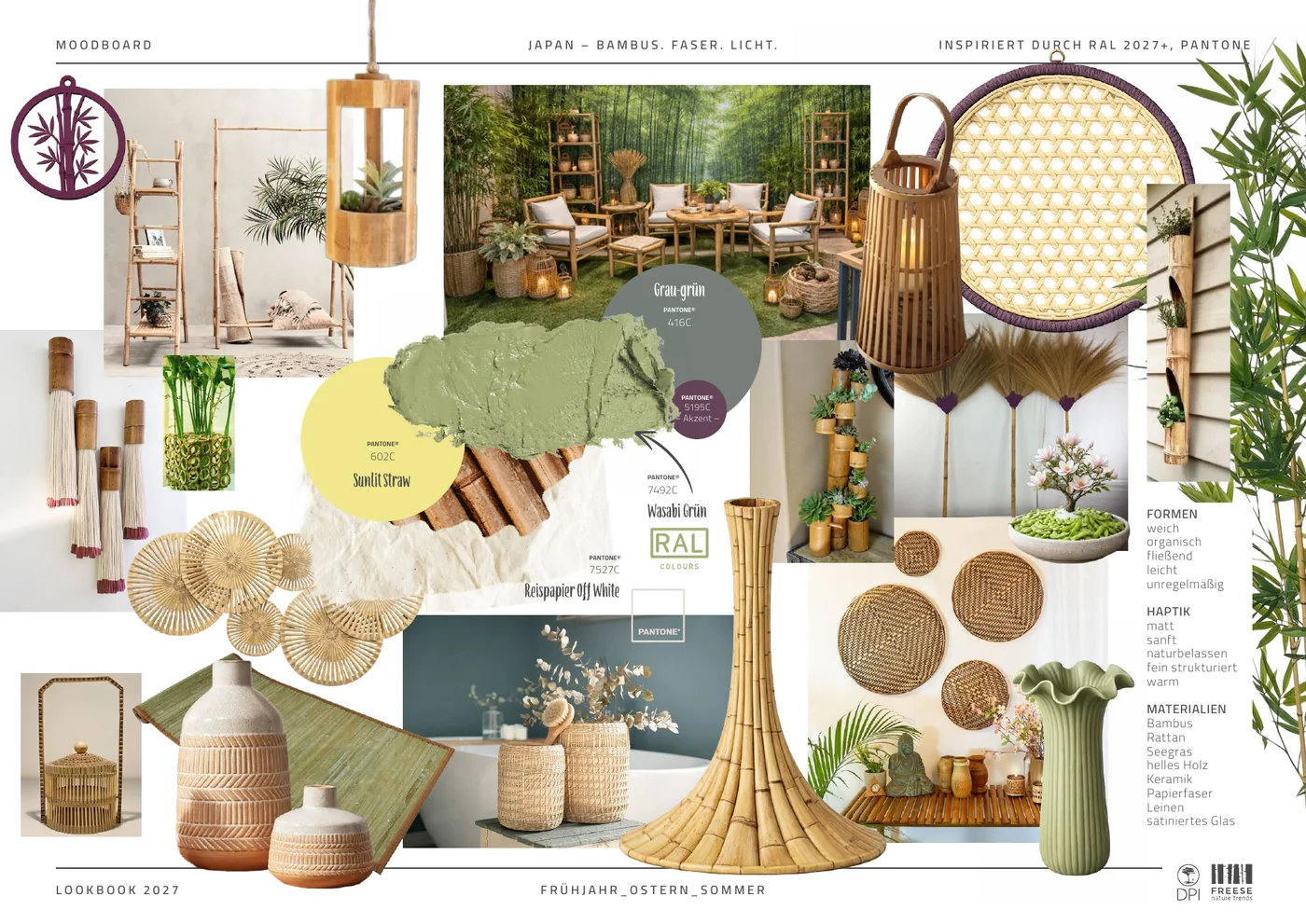 Moodboard Japan – Bambus, Faser, Licht mit Pantone-Farben und Materialien aus dem Lookbook 2027