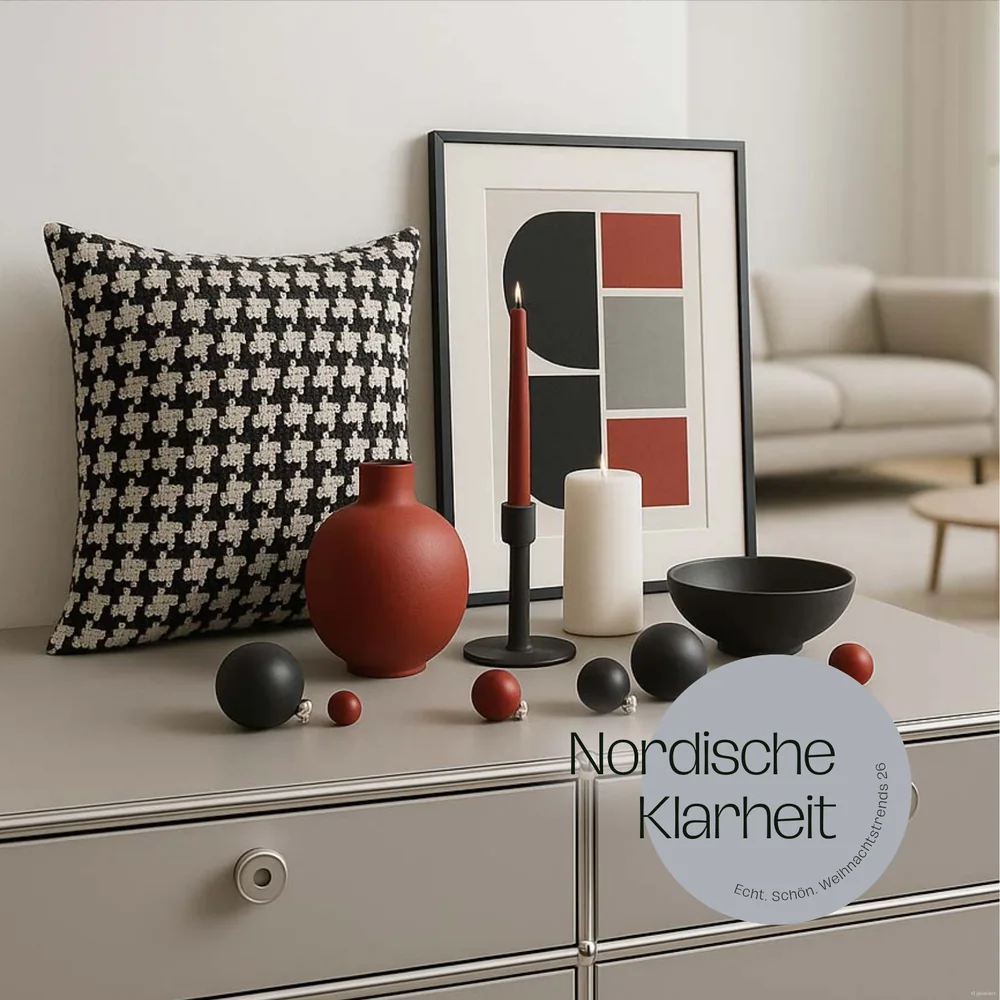 Interior-Szene Nordische Klarheit mit Hahnentritt-Kissen, roter Vase und Kerzen