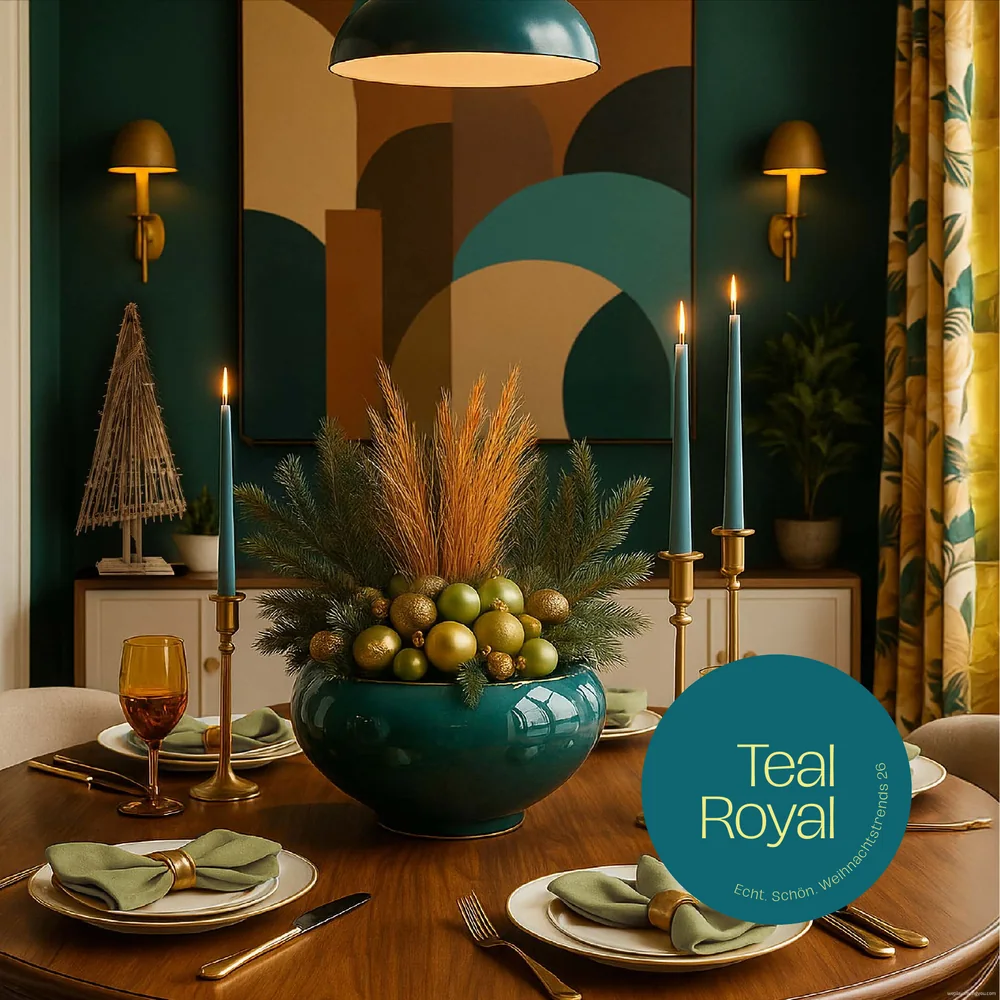 Trendwelt Teal Royal aus der Trend Map 2026 mit festlich gedecktem Tisch